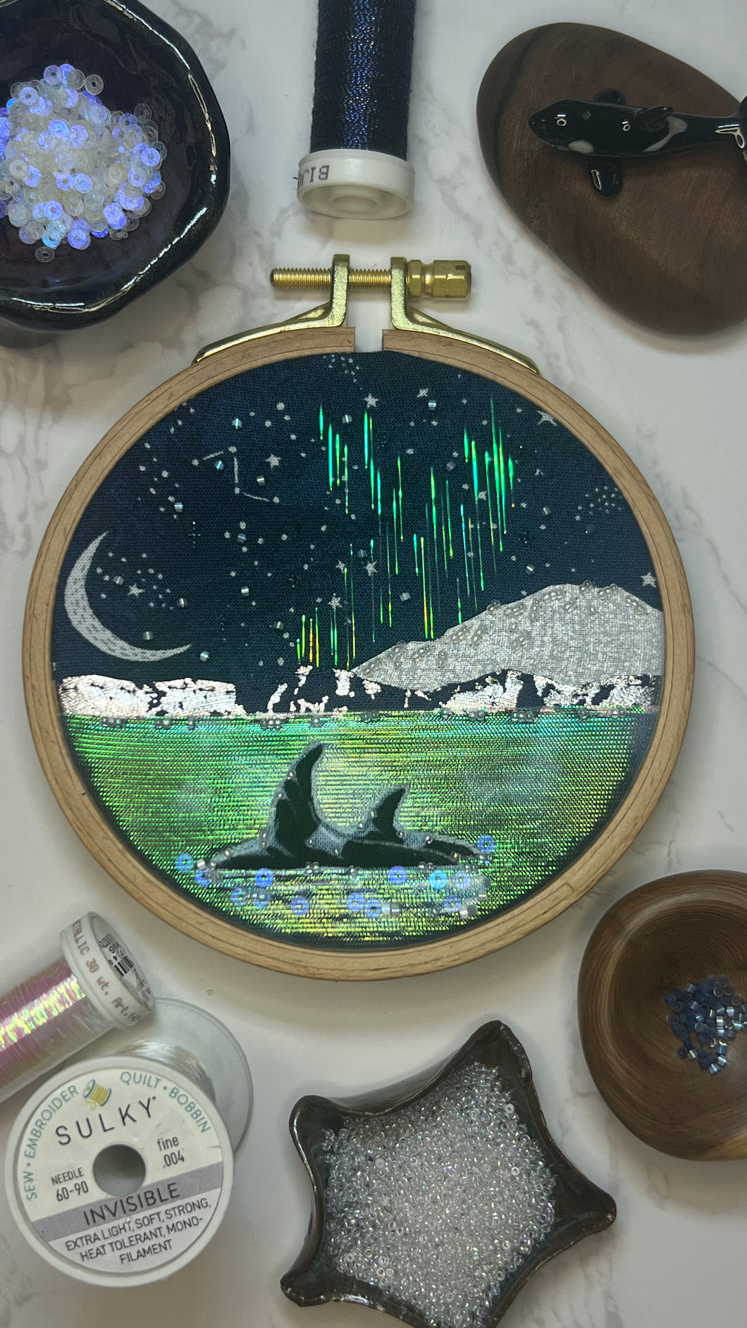 Orcas in Aurora  #677 - 4.5” beechwood hoop